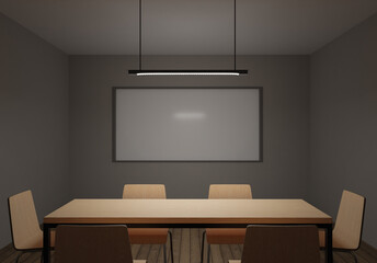 Conference room or a compact classroom, 3d rendering. Office or educational institution meeting room with whiteboard