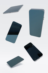 Smartphones and tablets floating in white background, 3d rendering. Modern digital technology, communication, apps and advertising concept