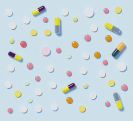 Various pills on blue background, 3d rendering. Prescription pills or drugs abuse, overdose or healthcare issues concept