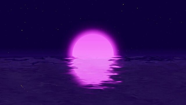 Seamless pink sunset on sea beach cartoon style 90s retro animation. Vintage loop video of purple neon moon and stars over water reflects on ocean waves surface