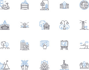 Landscapes outline icons collection. Scenery, Forests, Plains, Mountains, Vistas, Grasslands, Fields vector and illustration concept set. Grass, Hills, Trees linear signs