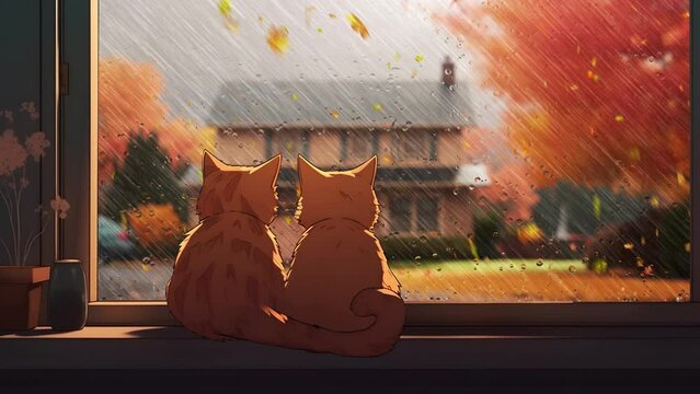 Two cartoon cats sit on a window and watch the rainy weather. 4k Looped Wallpaper 