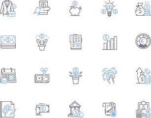 Investment management outline icons collection. Invest, Management, Funds, Portfolio, Equity, Return, Savings vector and illustration concept set. Risk, Financial, Investment linear signs