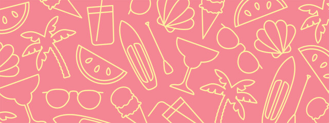 summer banner with vacation related icons: palm tree, sunglasses, ice cream, cocktail, juice, shell, SUP board, watermelon - vector illustration