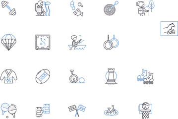 Fototapeta premium Sport activities outline icons collection. Sports, Activities, Games, Exercise, Running, Swimming, Football vector and illustration concept set. Basketball, Baseball, Hockey linear signs
