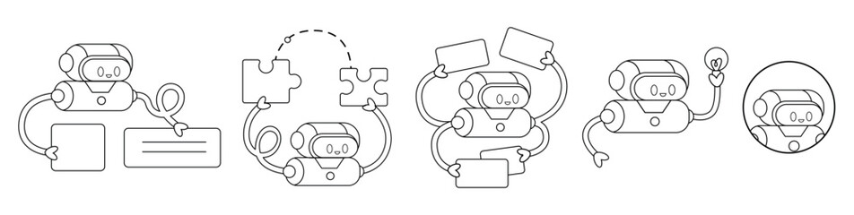 Robot set with cute screen faces and cards or tablets. Futuristic smart assistants at work or education. AI technology. Human-like machines artificial intelligence Isolated outline vector illustration