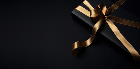 Black greeting box with a silk ribbon on a black background as an anniversary card or banner.Generative AI