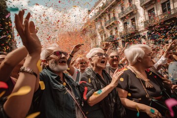 Fototapeta na wymiar Heartwarming moment captured at a lively pride festival, where confetti rains down Generative AI