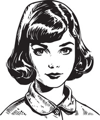 Vintage girl kids 60s style young kids . Retro comics black and white ink drawing, American cartoon advertising illustration, vector, SVG
