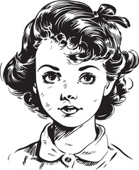 Vintage girl kids 60s style young kids . Retro comics black and white ink drawing, American cartoon advertising illustration, vector, SVG