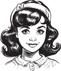 Vintage girl kids 60s style young kids . Retro comics black and white ink drawing, American cartoon advertising illustration, vector, SVG