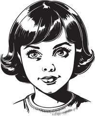 Vintage girl kids 60s style young kids . Retro comics black and white ink drawing, American cartoon advertising illustration, vector, SVG