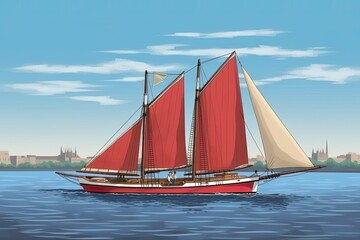 vibrant red sailboat gliding on the sparkling waters. Generative AI