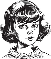 Vintage girl kids 60s style young kids . Retro comics black and white ink drawing, American cartoon advertising illustration, vector, SVG