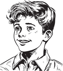 Vintage kids 60s style young kids . Retro comics black and white ink drawing, American cartoon advertising illustration, vector, SVG