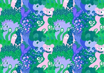 Cartoon monsters seamless emoticons aliens pattern for kids clothes print and wrapping paper and fabrics
