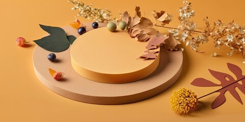 For food or cosmetics, a round wooden platform with a warm yellow kraft paper backdrop is displayed. Plate for scent featuring apple leaves and dried flowers on the front surface. Product presentation