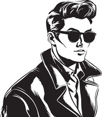 Vintage man in sun glasses 60s style young man . Retro comics black and white ink drawing, American cartoon advertising illustration, vector, SVG
