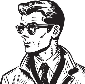 Vintage man in sun glasses 60s style young man . Retro comics black and white ink drawing, American cartoon advertising illustration, vector, SVG