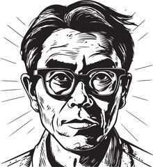 Vintage Japanese  man  60s style young man . Retro comics black and white ink drawing, American cartoon advertising illustration, vector, SVG