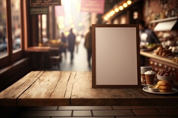 Naklejka na ściany i meble Brown tones and a warm mood are commonly employed in the production of posters and commercial brochures. A wooden board vacant table is seen in front of an abstract, hazy background of a bakery and co