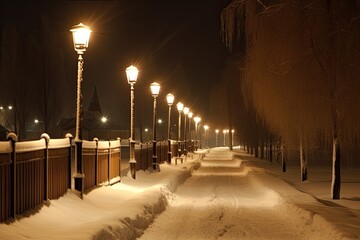 Wintertime footpath in a beautiful municipal park. Generative AI