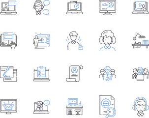 Remote business work outline icons collection. Remote, Business, Work, Telecommute, Digital, Flexible, Online vector and illustration concept set. Virtual, Running, Access linear signs