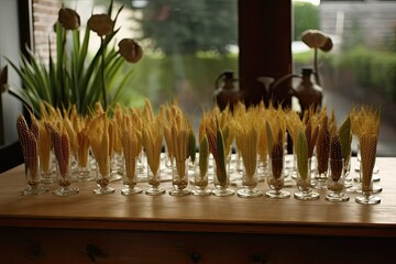 Wheat ear displays are on wooden tables. Generative AI