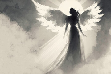 Illustration of Woman Angel with Big White Wings, magic light, dreamy. AI generative