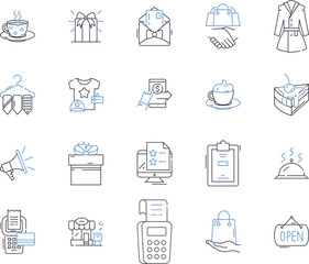 Store and food court outline icons collection. store, food court, restaurant, cuisine, menu, ingredients, recipes vector and illustration concept set. preparation, presentation, plating linear signs