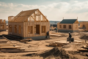 Fototapeta na wymiar Typical american wooden house construction site with workers doing work, high quality generative ai