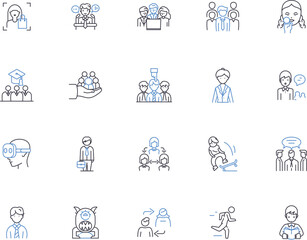 Young people outline icons collection. Youth, teens, adolescents, youngsters, juveniles, millennials, Gen-Z vector and illustration concept set. preschoolers,, linear signs