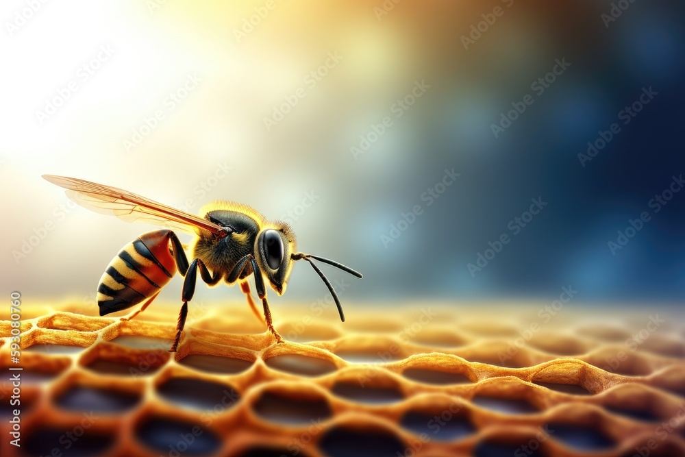 Poster bee gathering nectar from a honeycomb. Generative AI