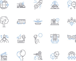 Leisure and christmas outline icons collection. Christmas, Leisure, Shopping, Decorating, Trees, Gifts, Trees vector and illustration concept set. Snowman, Holidays, Celebrations linear signs