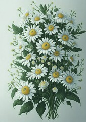 whimsical botanical illustration featuring a bouquet of white daisies. natural background, with hints of greenery. 