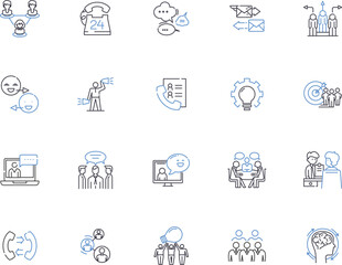 AI assistance outline icons collection. Artificial, Intelligence, Assistance, Chatbot, Automation, Algorithm, Machine vector and illustration concept set. Learning, Knowledge, Prediction linear signs