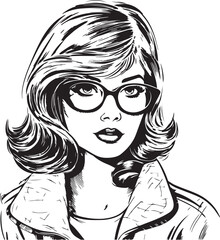 Vintage woman in glasses 60s style young woman. Retro comics woman head black and white ink drawing, American cartoon advertising illustration, vector, SVG