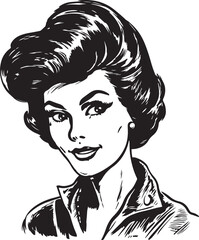 Vintage woman 60s style young woman. Retro comics woman head black and white ink drawing, American cartoon advertising illustration, vector, SVG