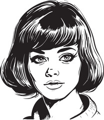 Vintage woman 60s style young woman. Retro comics woman head black and white ink drawing, American cartoon advertising illustration, vector, SVG
