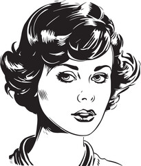 Vintage woman 60s style young woman. Retro comics woman head black and white ink drawing, American cartoon advertising illustration, vector, SVG