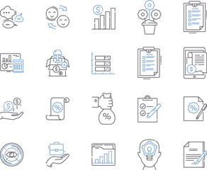 Assessment and audit outline icons collection. Auditing, Assessing, Evaluation, Monitoring, Reviewing, Inspection, Analysis vector and illustration concept set. Investigation, Verifying, Gauging