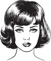 Vintage woman 60s style young woman. Retro comics woman head black and white ink drawing, American cartoon advertising illustration, vector, SVG