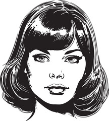 Vintage woman 60s style young woman. Retro comics woman head black and white ink drawing, American cartoon advertising illustration, vector, SVG