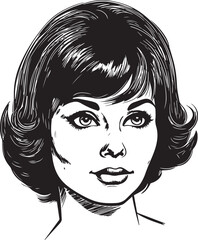 Vintage woman 60s style young woman. Retro comics woman head black and white ink drawing, American cartoon advertising illustration, vector, SVG