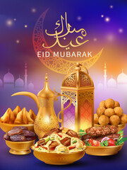 Al-Fitr greeting background with traditional Arabic dishes (kebab, maqluba, samosa), dallah, lantern (fanoos) and calligraphy. Text translation: “Blessed Festival”. Vector.