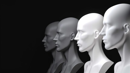 mannequin heads isolated on dark black background, Blank White Head Side view, plastic human faceless dummy figure fade, wig holder 3D render illustration copy space , generative ai