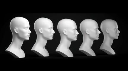 mannequin heads isolated on dark black background, Blank White Head Side view, plastic human faceless dummy figure, wig holder 3D render illustration copy space , generative ai