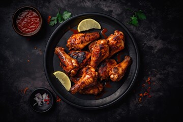 Generative Spicey Grilled Chicken Wings with Ketchup on Black Dish - A Delicious BBQ Recipe. Generative AI