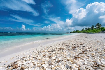 Fototapeta na wymiar Paradise Found: Summer Beach Landscape with Blue Ocean, White Sand, and Sky-High Clouds, Generative AI
