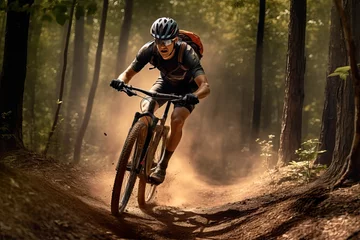 Foto op Canvas Man practicing mountain biking in the forest © Hector Pertuz